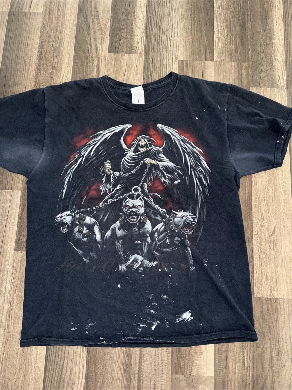 Vintage Y2K Grim Reaper Pit Bull T-Shirt Black Large 21x26 Fruit Of The Loom Tag